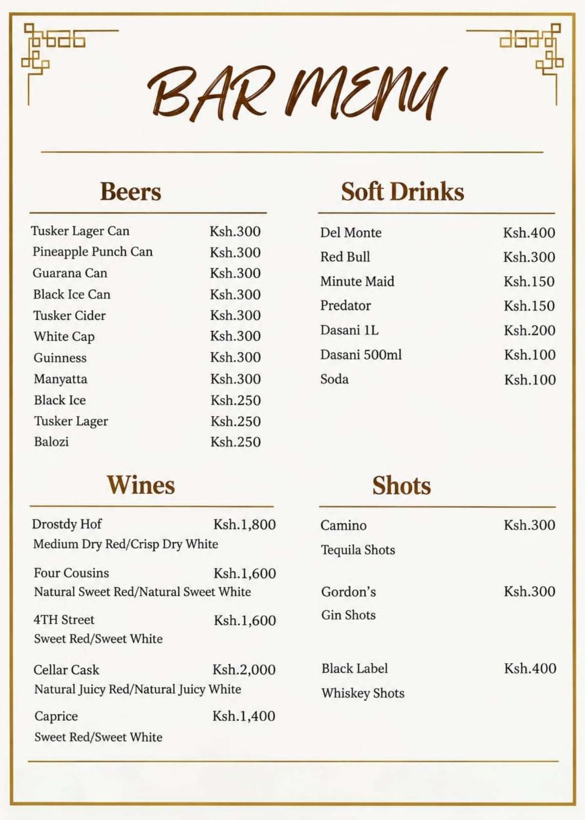 RESORT & Accommodation bar spirits and whisky menu